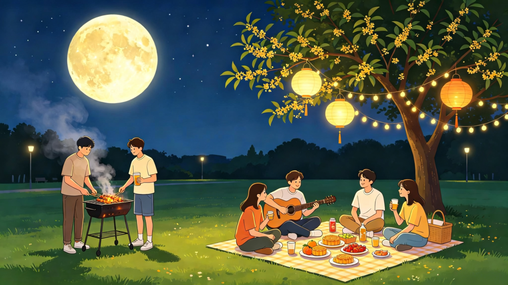 中秋朋友公园聚会人物扁平风插画