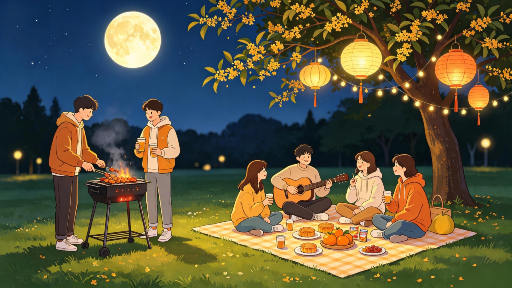 中秋朋友公园聚会人物扁平风插画