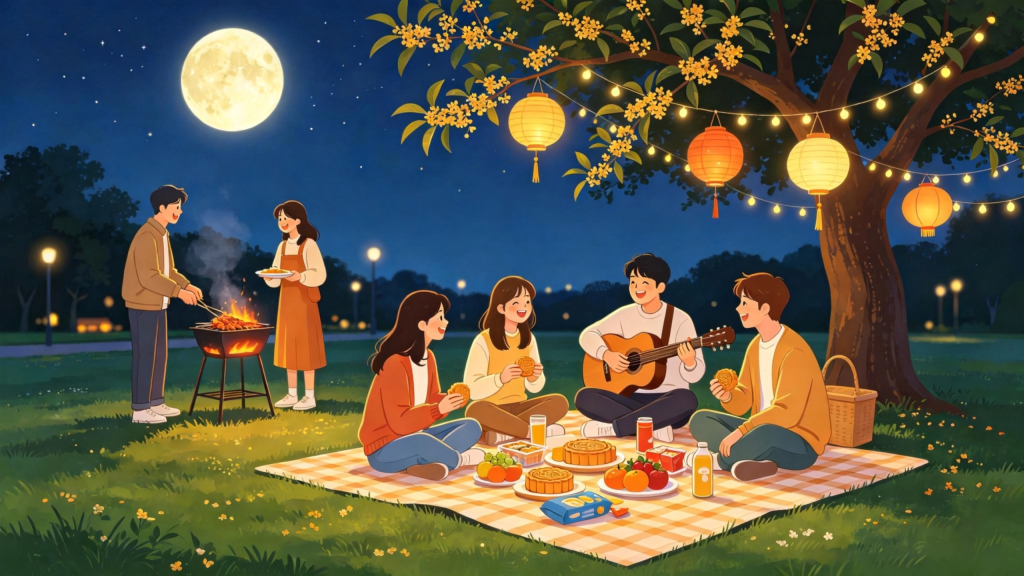中秋朋友公园聚会人物扁平风插画