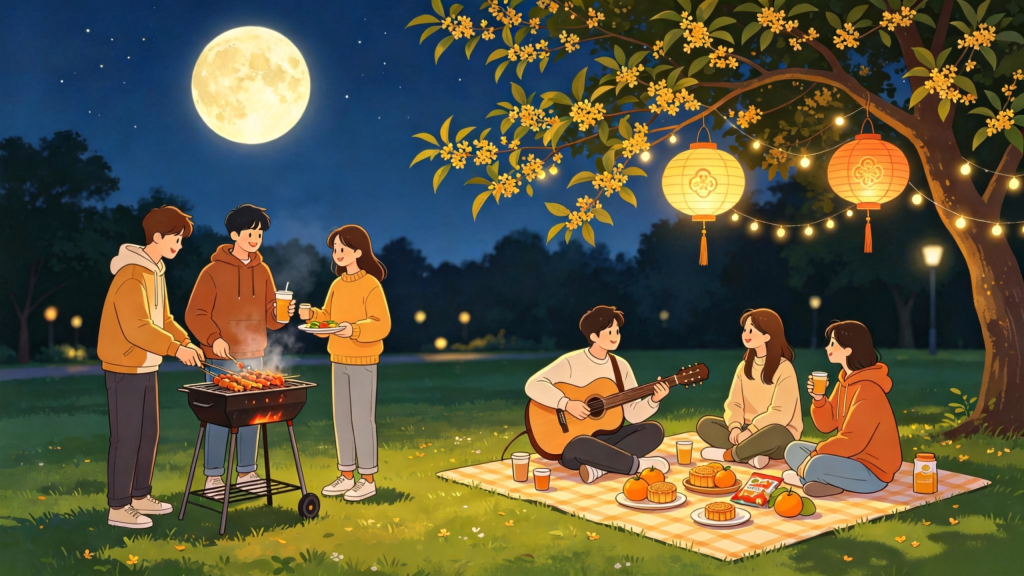 中秋朋友公园聚会人物扁平风插画