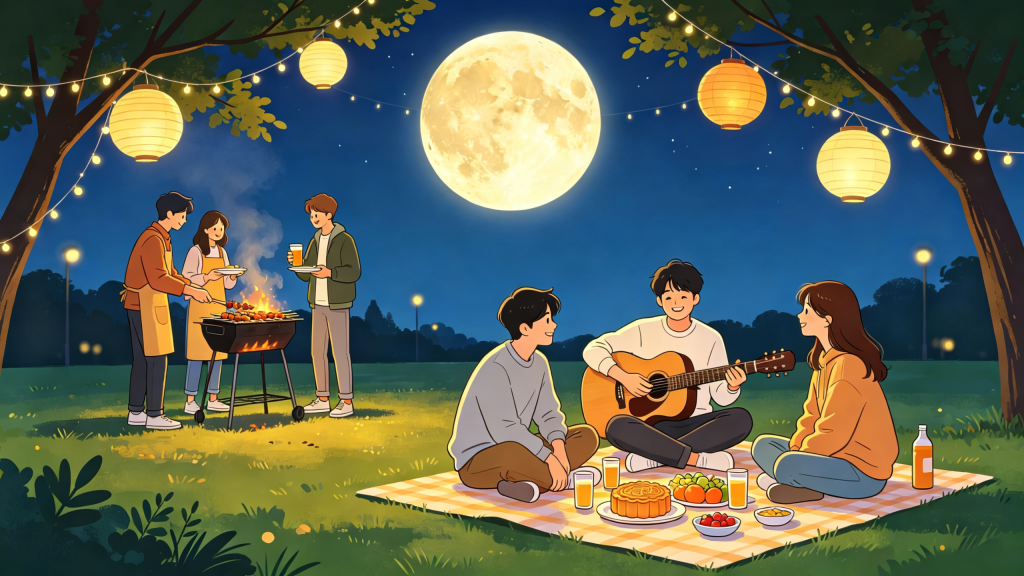 中秋朋友公园聚会人物扁平风插画