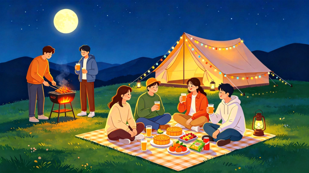 中秋朋友山顶聚会人物扁平风插画