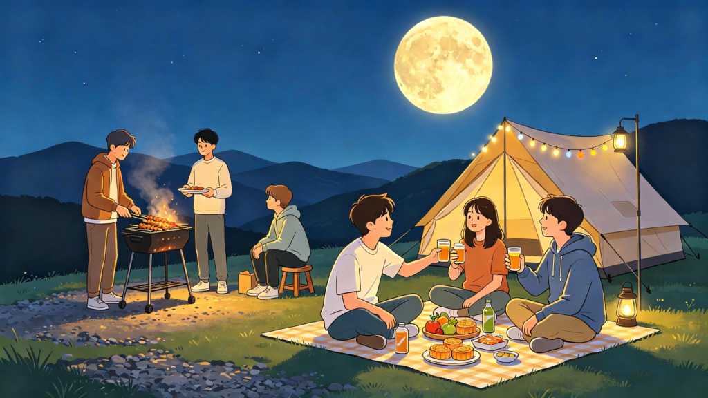 中秋朋友山顶聚会人物扁平风插画