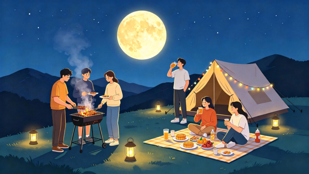 中秋朋友山顶聚会人物扁平风插画
