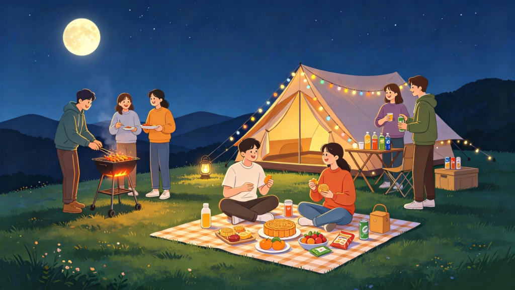 中秋朋友山顶聚会人物扁平风插画