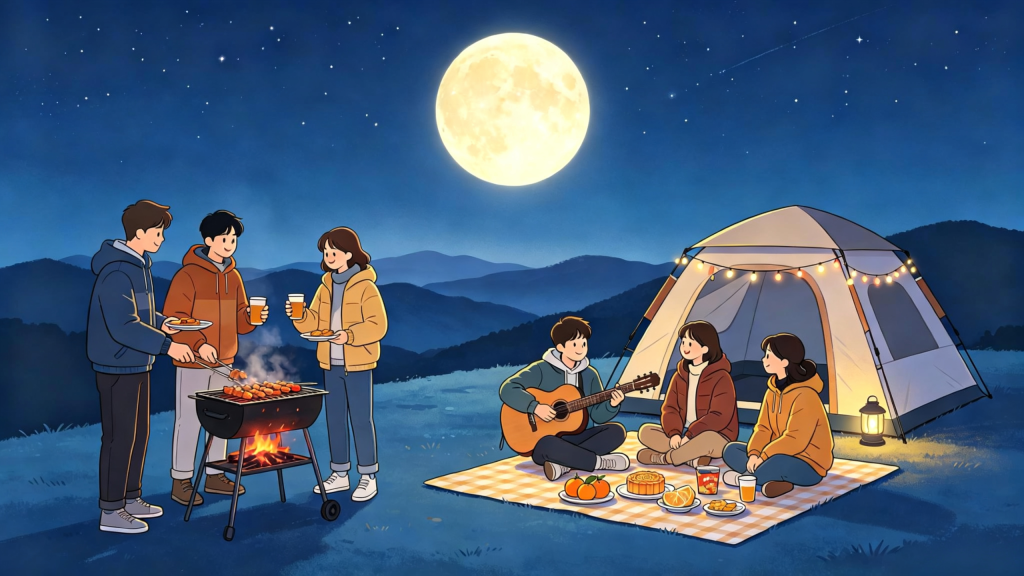 中秋朋友山顶聚会人物扁平风插画