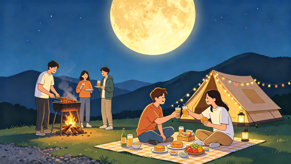 中秋朋友山顶聚会人物扁平风插画