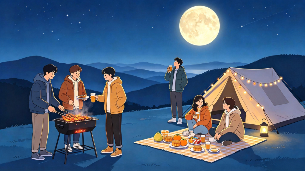 中秋朋友山顶聚会人物扁平风插画