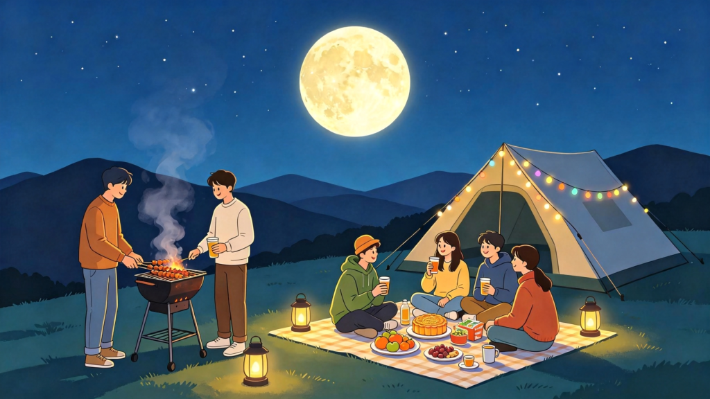 中秋朋友山顶聚会人物扁平风插画