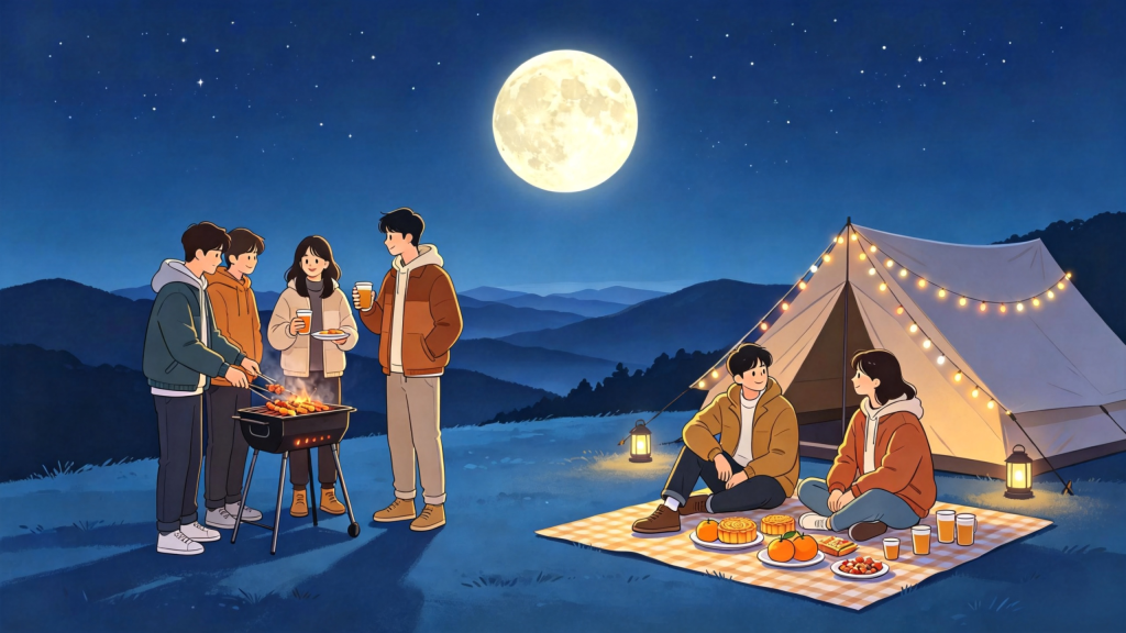 中秋朋友山顶聚会人物扁平风插画