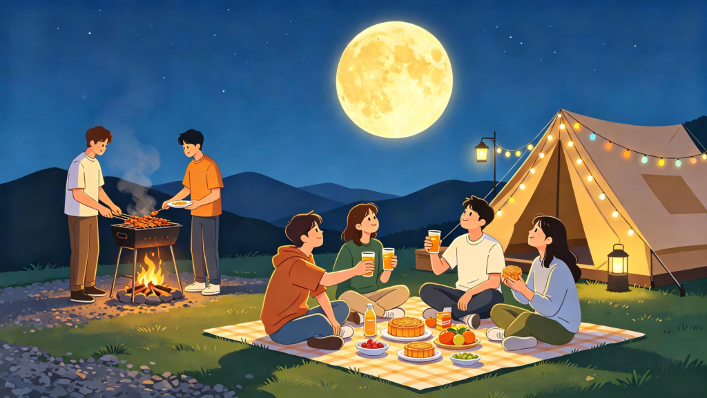 中秋好友山顶赏月人物扁平风插画