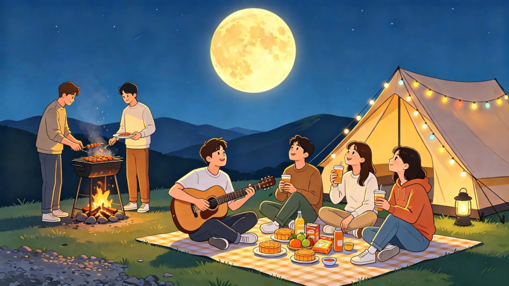 中秋好友山顶赏月人物扁平风插画