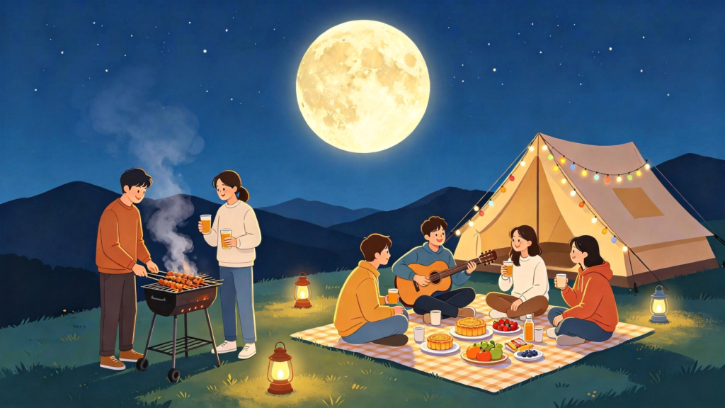 中秋好友山顶赏月人物扁平风插画