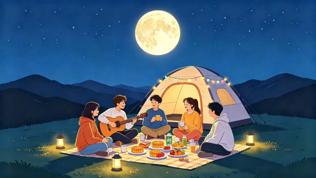 中秋好友山顶赏月人物扁平风插画