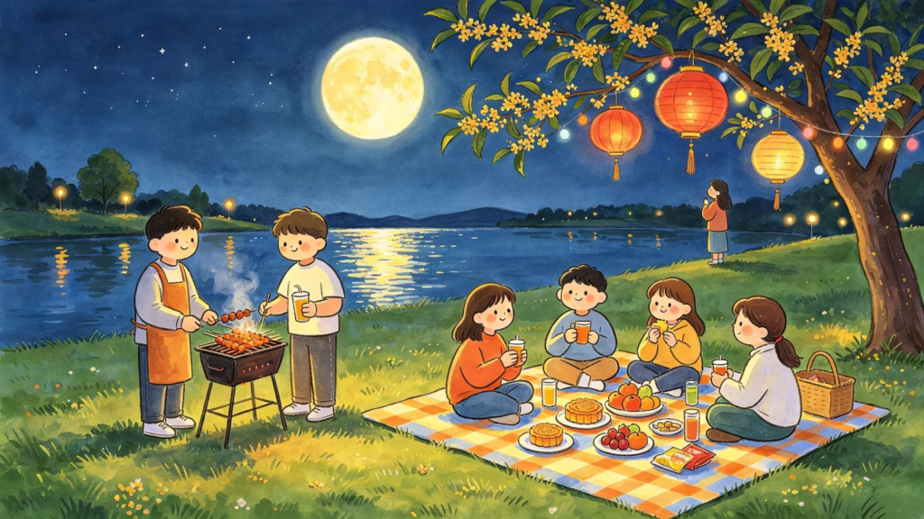 中秋好友公园赏月人物儿童画插画