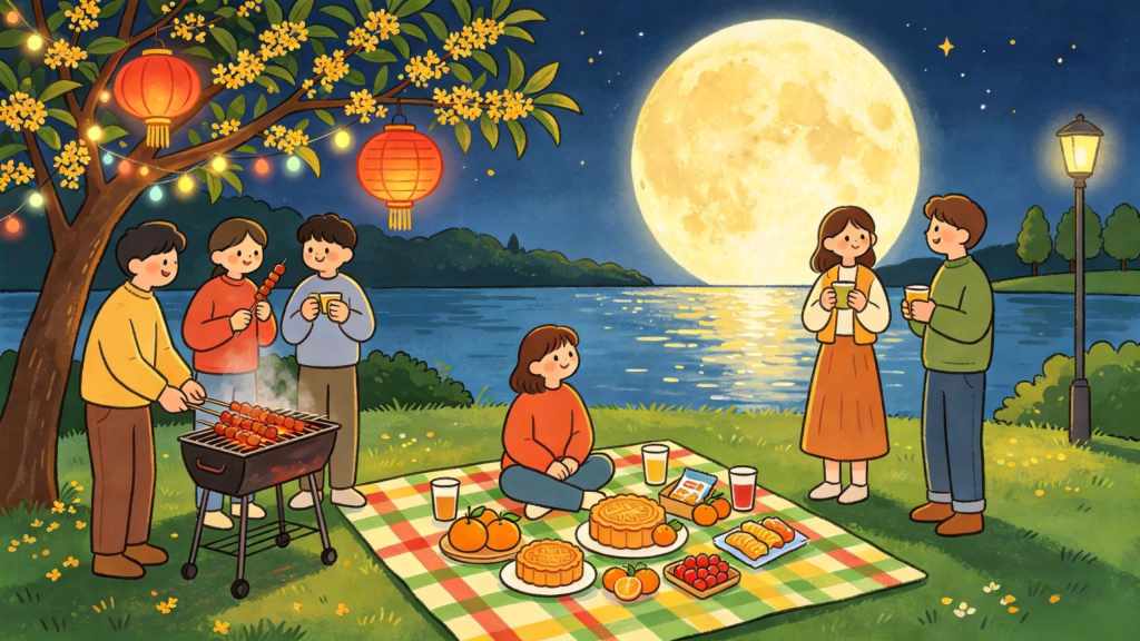 中秋公园好友聚会人物儿童画插画