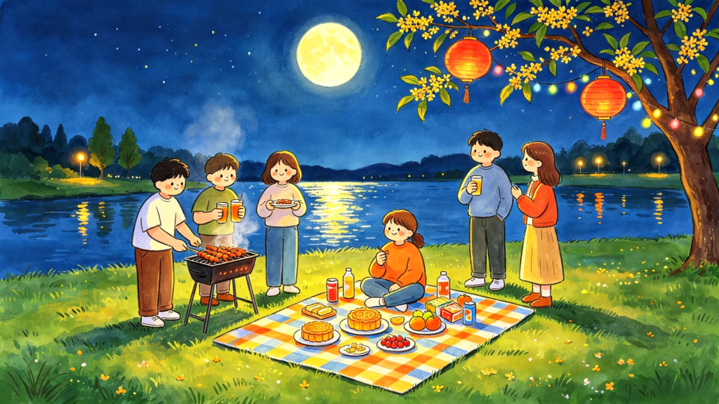 中秋公园好友聚会人物儿童画插画