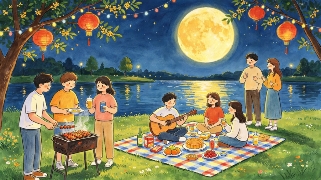 中秋公园好友聚会人物儿童画插画