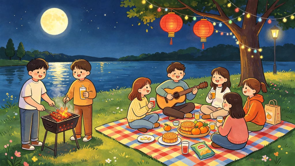 中秋公园好友聚会人物儿童画插画