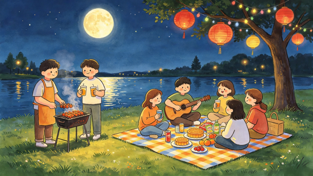 中秋公园好友聚会人物儿童画插画