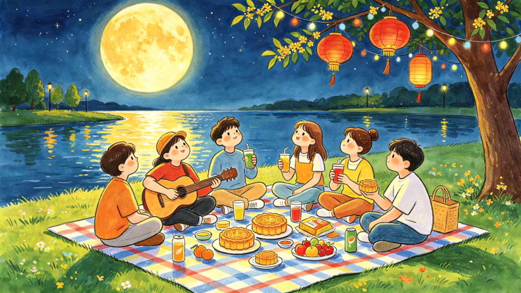 中秋公园好友聚会人物儿童画插画