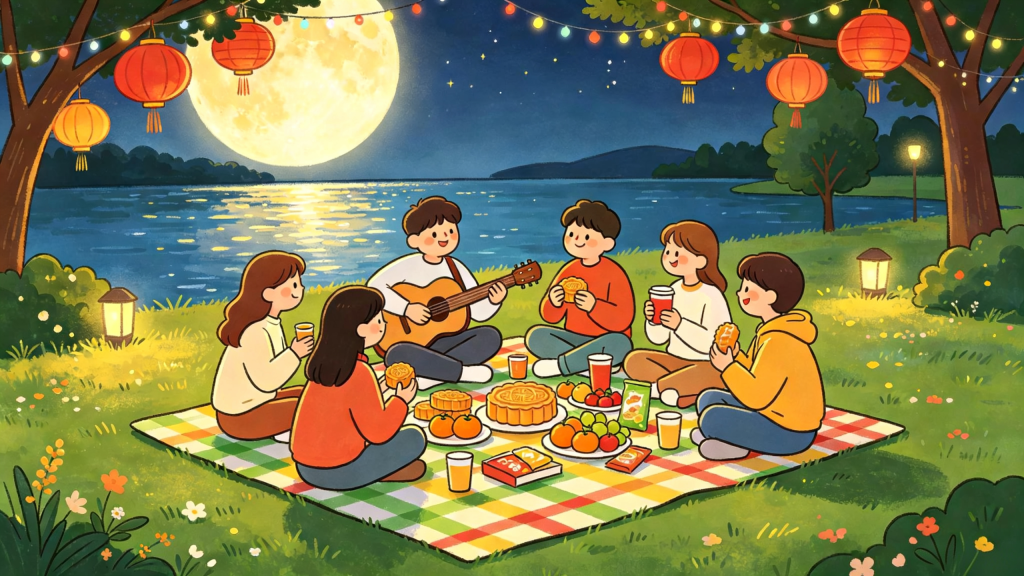 中秋公园好友聚会人物儿童画插画