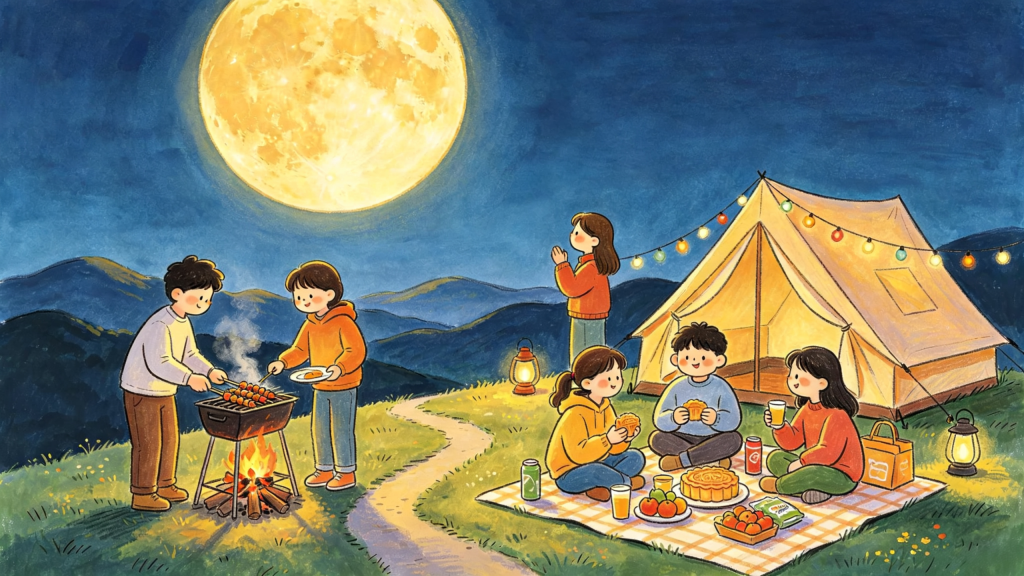 中秋山顶好友聚会人物儿童画插画