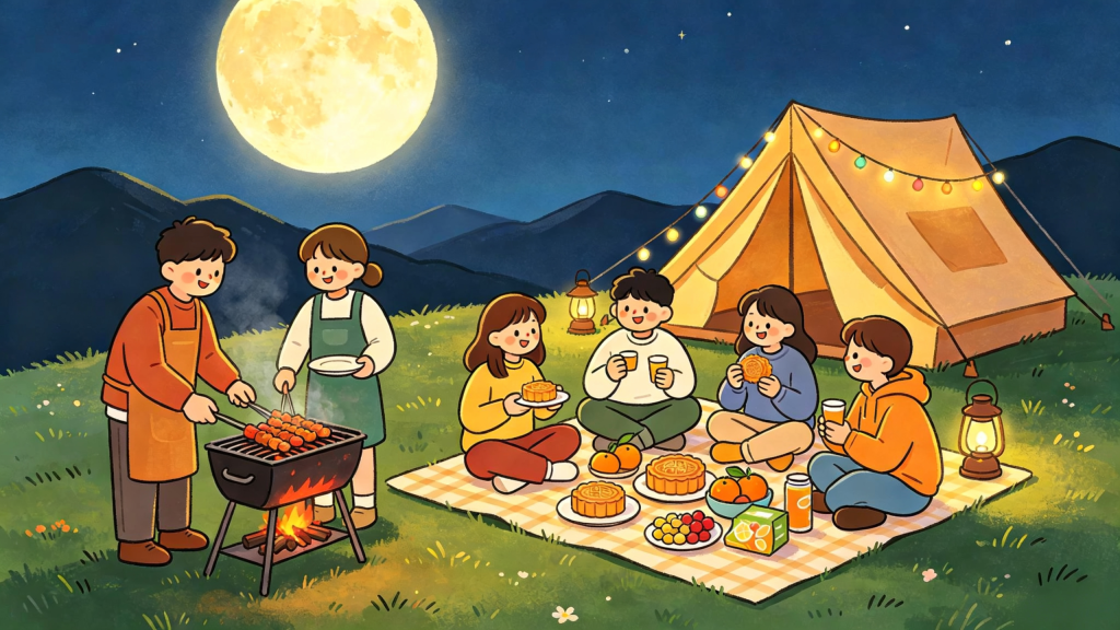 中秋山顶好友聚会人物儿童画插画
