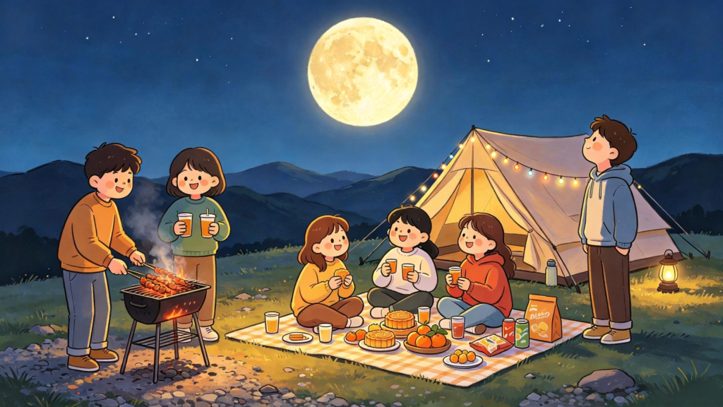 中秋山顶好友聚会人物儿童画插画