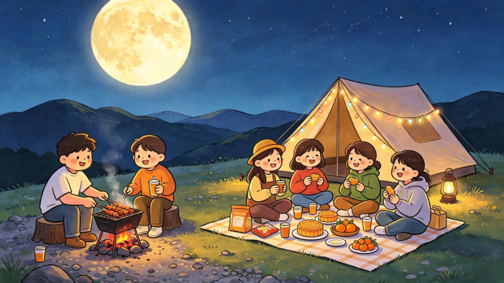 中秋山顶好友聚会人物儿童画插画