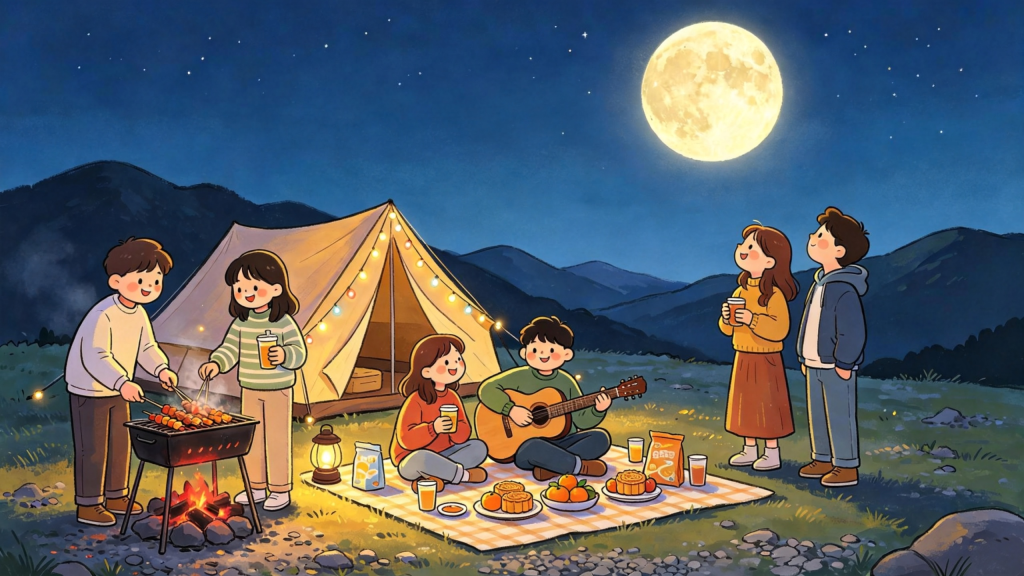 中秋山顶好友聚会人物儿童画插画