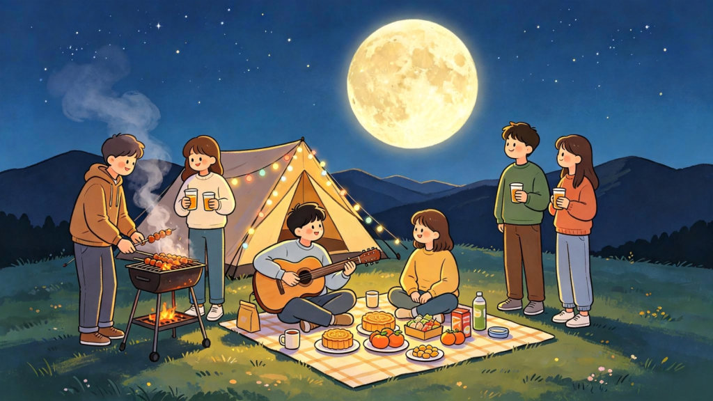 中秋山顶好友聚会人物儿童画插画