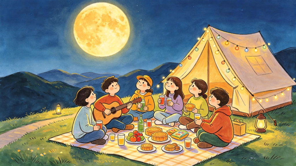 中秋山顶好友聚会人物儿童画插画