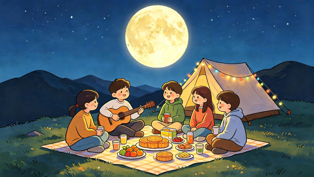 中秋山顶好友聚会人物儿童画插画