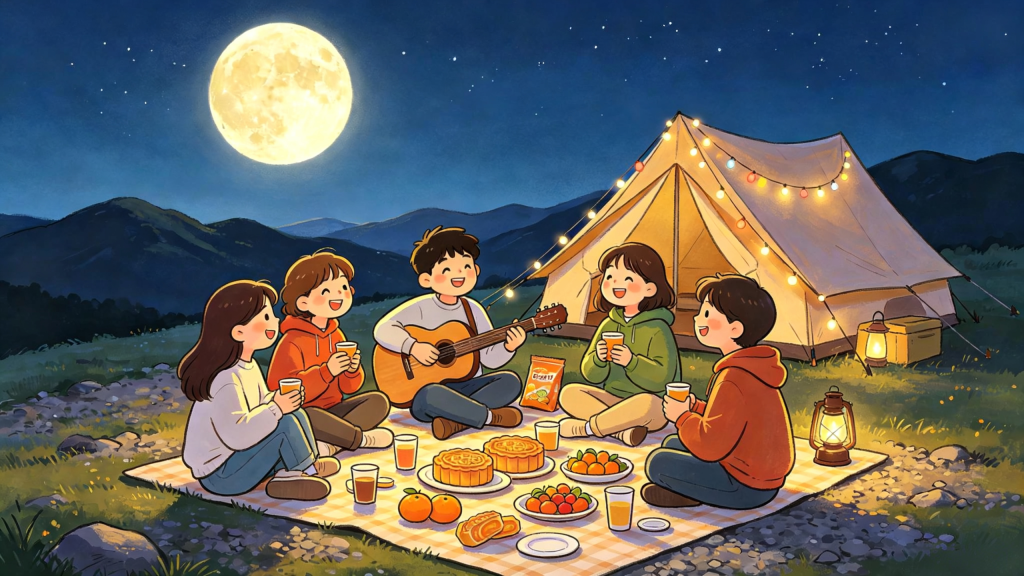 中秋山顶好友聚会人物儿童画插画