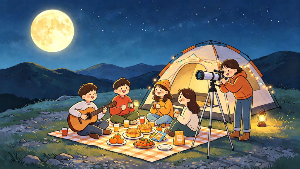 中秋朋友山顶赏月人物儿童画插画