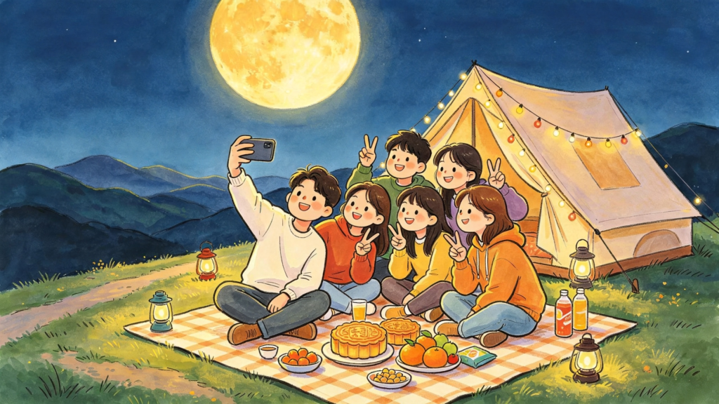 中秋朋友山顶赏月人物儿童画插画