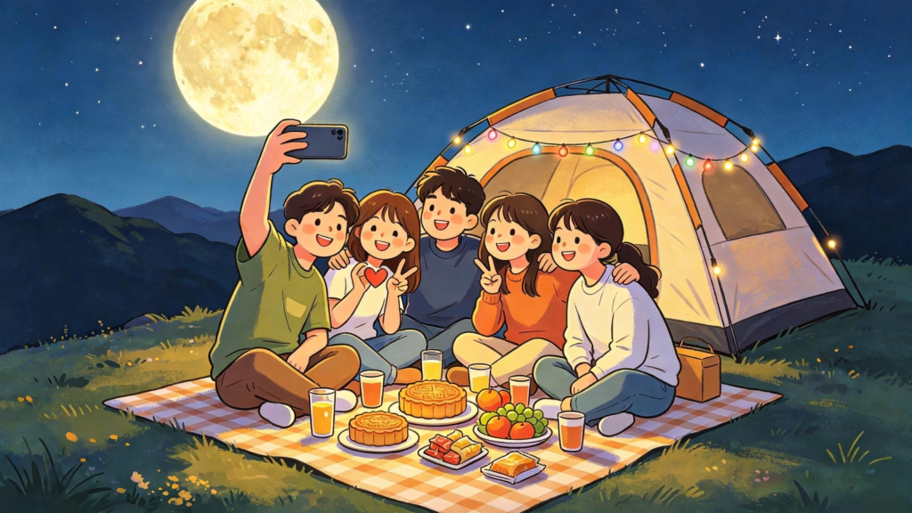 中秋朋友山顶赏月人物儿童画插画