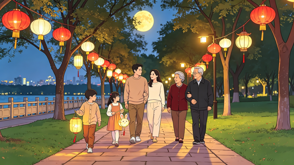 中秋家人公园散步人物漫画风插画