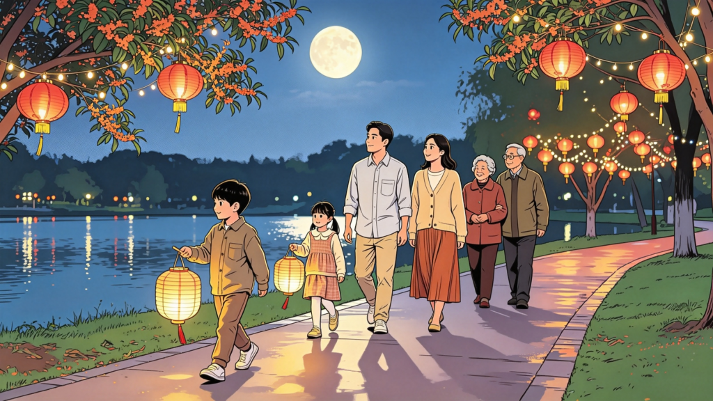中秋家人公园散步人物漫画风插画