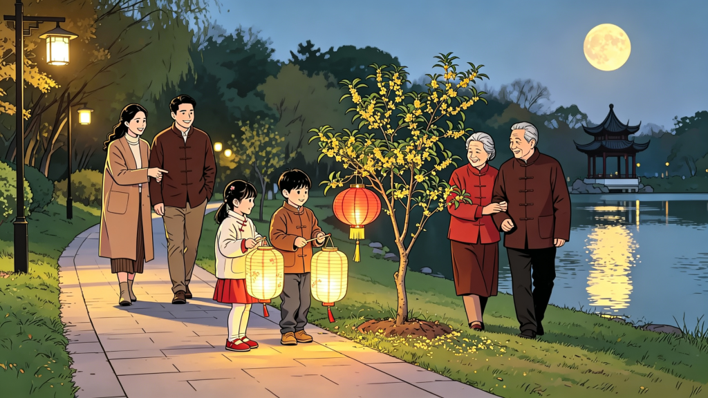 中秋家人公园散步人物漫画风插画