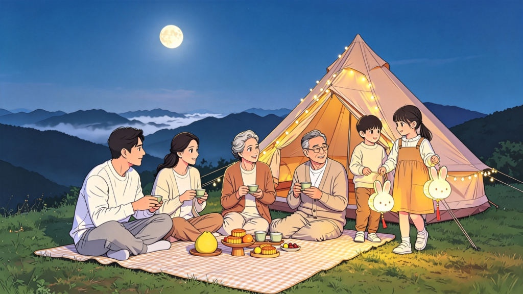 中秋家人山顶赏月人物漫画风插画