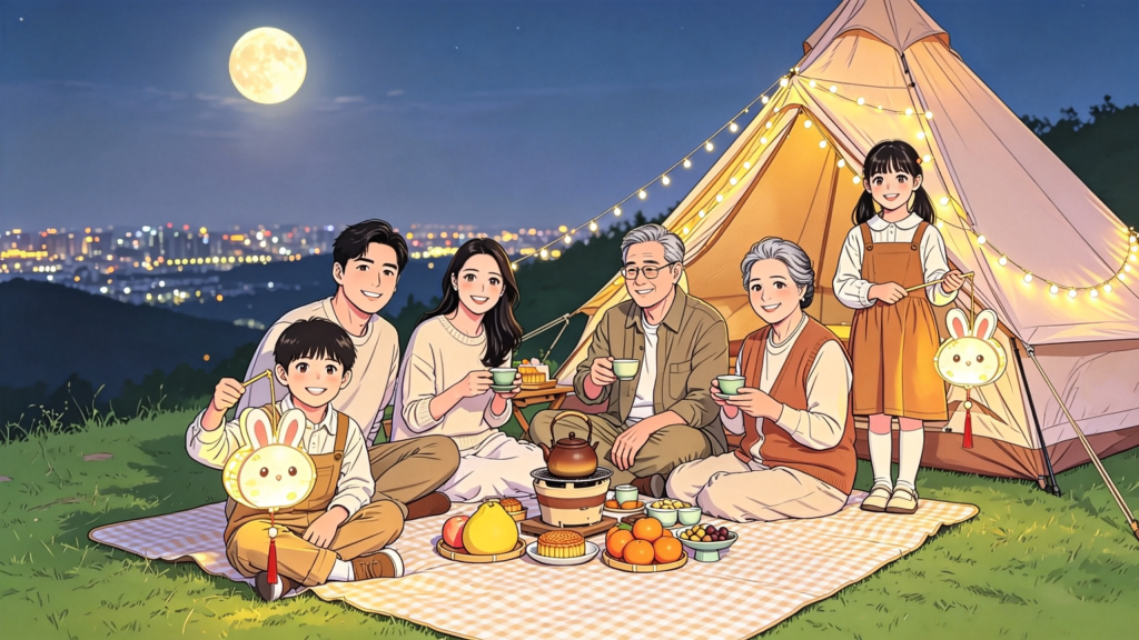 中秋家人山顶赏月人物漫画风插画