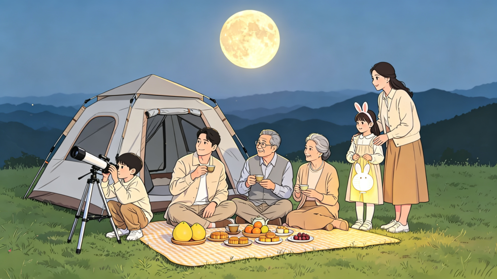 中秋家人山顶赏月人物漫画风插画