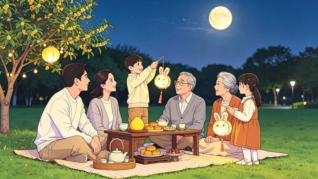 中秋家人公园赏月人物漫画风插画
