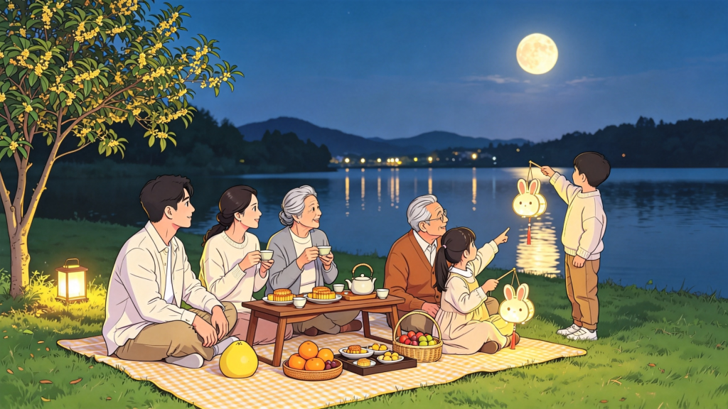 中秋家人公园赏月人物漫画风插画