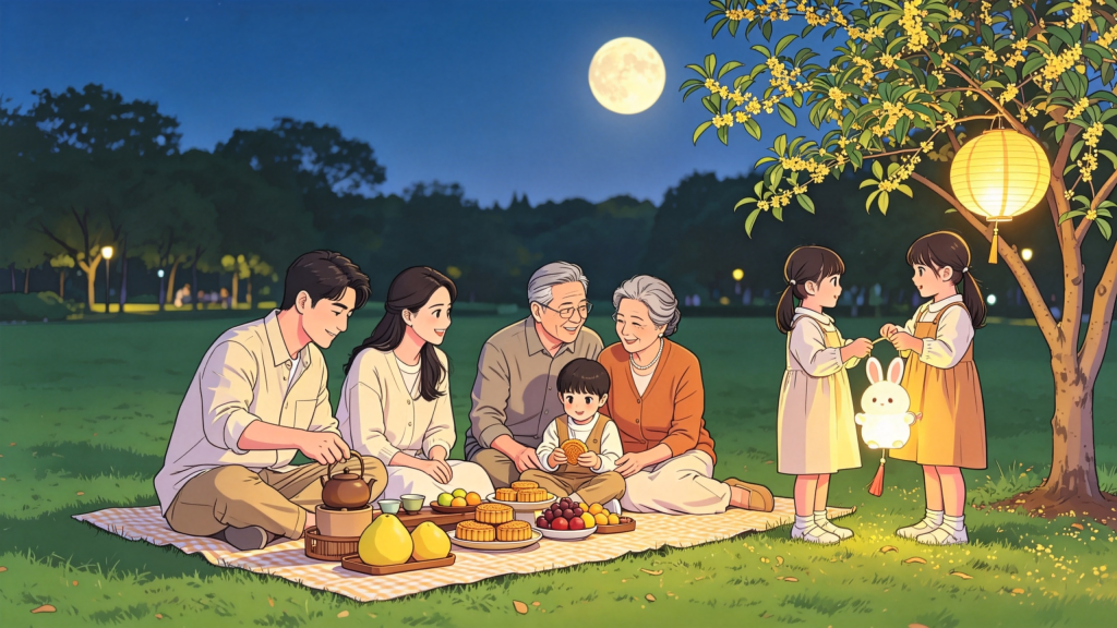 中秋家人公园赏月人物漫画风插画