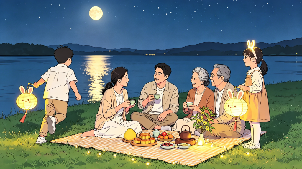 中秋家人公园赏月人物漫画风插画