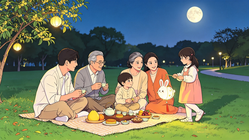 中秋家人公园赏月人物漫画风插画