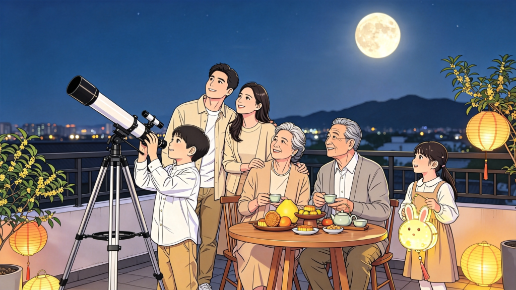 中秋家人屋顶赏月人物漫画风插画
